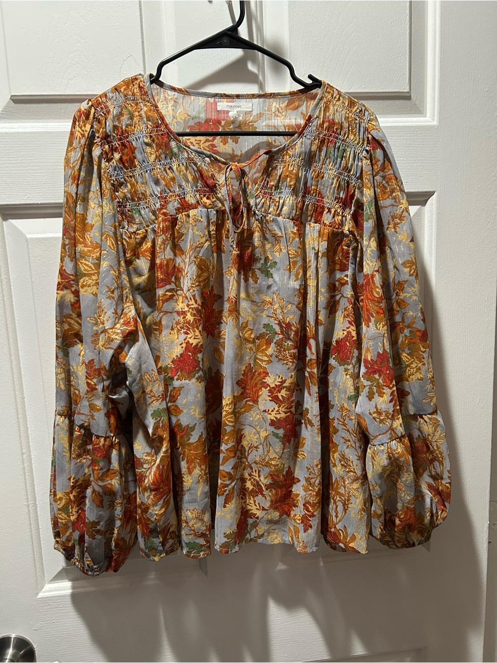 Maurices Women’s Fall Leaves Floral Peasant Smock Blouse - Rust, Mustard & Sage